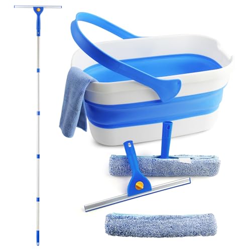 Window Cleaning Kit with Collapsible Bucket 3 Gallon, 14" Window Squeegee and 15" Scrubber with 61" Long Handle, Professional Window Washing Kit Cleaner Tool for Home Outdoor Office Commercial Use