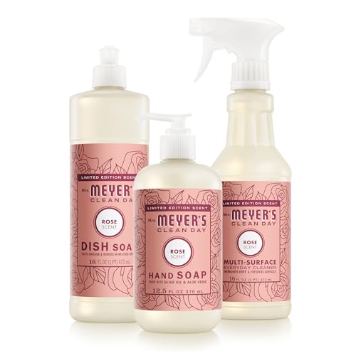 Mrs. MEYER'S CLEAN DAY Kitchen Basics Set, Rose Scent Cleaning Supplies includes Hand Soap (12.5 Fl Oz), Dish Soap (16 Fl Oz) and Multi-Surface Cleaner (16 Fl Oz)