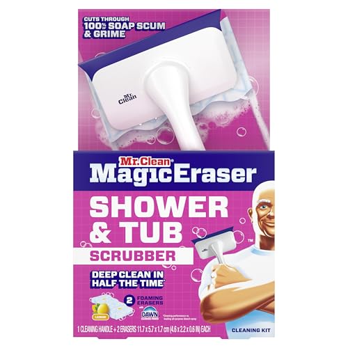 Mr. Clean Magic Eraser Shower & Tub Scrubber, Bathroom Cleaner, All in One Bathroom Cleaner, Lemon Starter Kit, 2 Scrubber, 5 Foaming Magic Erasers, 1 Whole Home Extra Durable Magic Eraser