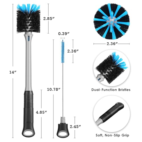 MOSOLAN 2-in-1 Water Bottle Brush and Straw Cleaner Brush, Long Handle Water Bottle Scrubbing Brush for Water Bottles, Glasswares, Mugs, Flasks, Tumblers and Kitchen Sink, Black, 1 Pack