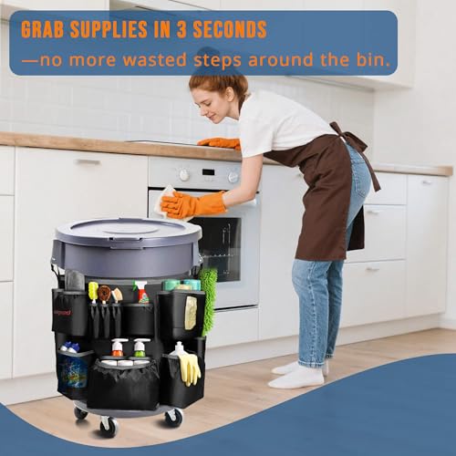 Trash Can Caddy Bag for 32-55 Gallon Garbage Bin, Hongmed Caddy for Commercial Cleaning Supplies, Multi-Pocket Utility Apron with Adjustable Straps, Heavy-Duty Nylon Organizer for Janitorial Duties