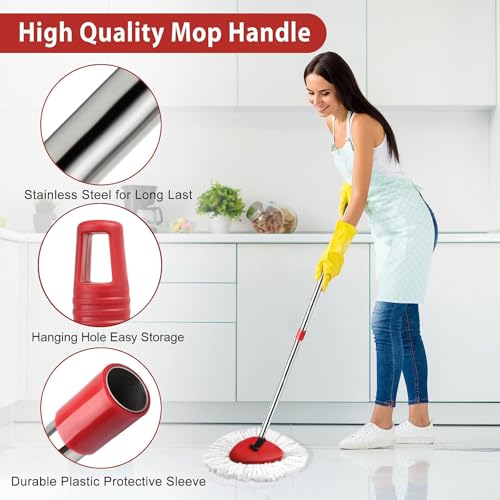 Hibaby 2 Spin Mop Head Replacement, 1 Base, 1 Mop Handle (30-58in) Combo Mops Set Compatible with OCedar EasyWring RinseClean Microfiber Mops (White (1-Tank System))