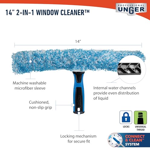 Unger Professional Connect and Clean 2-in-1 Squeegee and Scrubber, 14” Window Cleaning Tool, Essential Glass Cleaner for Commercial and Residential Use, Reusable Microfiber Sleeve, Streak-Free Results