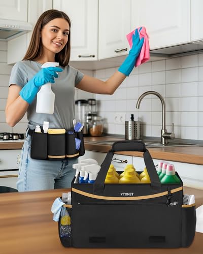 Ytonet Cleaning Caddy Bag with Detachable Apron, Extra Large Cleaning Supplies Organizer with Foldable Dividers, Portable Cleaner Tote with Handle, Cleaner Caddy for Housekeeper, Detailing Bag, Black