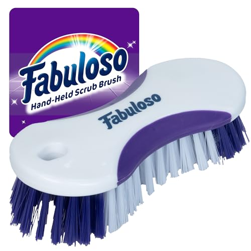 Fabuloso Cleaning Brush, Compact Hand Scrub Brush with Easy Grip Rubber Texture for Kitchen, Bathroom, Tile, Baseboards and Floors, Firm Bristles for Indoor Surface Cleaning, White & Purple, 6 Inch