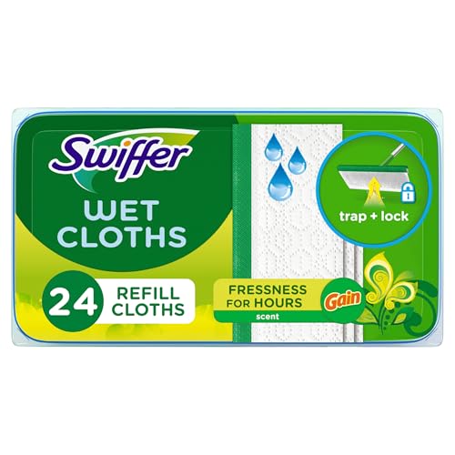 Swiffer Sweep + Mop, Wet Pads Refill, Floor Cleaner for Dirt, Dust, Hair, Cleaning Cloths for Mopping Home, Bathroom, Kitchen, All Purpose Multi-Surface Floor Wipes, Gain, 24ct