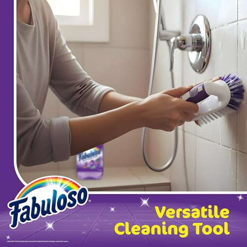 Fabuloso Cleaning Brush with Handle Compact Handheld Household Scrub Brush Kitchen Bathroom Baseboards Tile and Floors Firm Bristles Indoor Surface Cleaning White Purple 5.5 Inch Everyday Cleaning