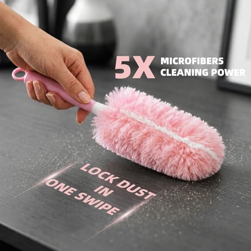 Nicemiya 30 Count Pink Duster Refills Compatible with Swiffer Handle, 360° Multi-Surface Duster Refills with 1 Handle, 5X Microfibers Disposable Dusters for Home, Office Cleaning