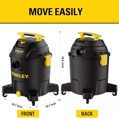 STANLEY 10 Gallon Wet Dry Vacuum, 6 Peak HP Poly Built-in Drain Shop Vac Blower with Powerful Suction, Multifunctional Shop Vacuum W/ 6 Horsepower Motor for Job Site, Garage, Basement, Van, Workshop