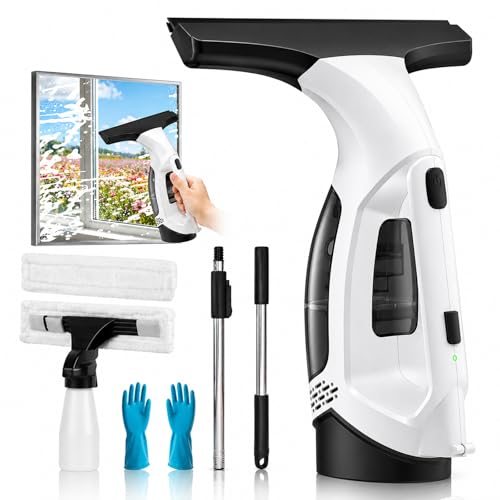 Window Vacuum Squeegee Cordless, Window Vacuum Cleaner with 2000Pa Streak-Free Suction, 30–40" Extension Pole, 11-Inch Cleaner Tool for High Windows, Shower Glass, Tiles & Mirrors
