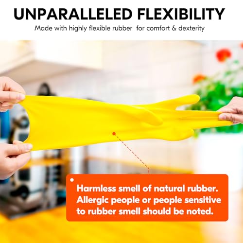 Vgo... 3-Pairs Reusable Household Gloves, Rubber Dishwashing gloves, Extra Thickness, Long Sleeves, Kitchen Cleaning, Working, Painting, Gardening, Pet Care (Size L, Yellow, HH4601)