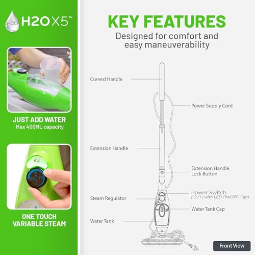 H2O X5 Steam Mop & Handheld Steam Cleaner | 5-in-1 Floor Steamer | Hardwood, Tile & Laminate Cleaner | Carpet Glider Included | Grout, Window & Garment Attachments