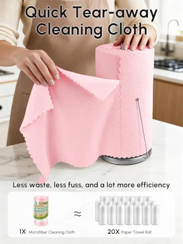 SOOWASH Microfiber Cleaning Cloths Roll, 75 Pack Tear Away Microfiber Towels Roll, 12" x 12" Lint Free Rags, Reusable Cleaning Cloths, Washable, Scratch Free,Ultra Absorbent Dish Rags(Pink)