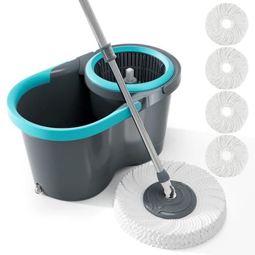 JOYMOOP Spin Mop and Bucket, 360° Mop Head & Telescopic Handle, Wet and Dry Use, 4 Reusable Microfiber Refills, Hands-Free Cleaning for Hardwood, Tile, Laminate Floors & Walls