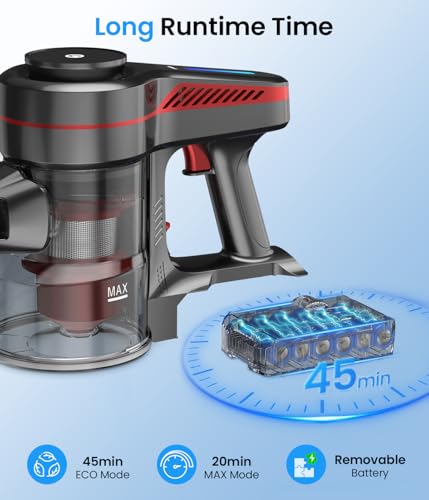 CHEBIO Lightweight Cordless Vacuum Cleaners for Home, Stick Vacuum Cordless Rechargeable with 45kPa Suction,45-Min Run,Anti-Tangle and Self-Stand, 6 in 1 Hardwood Vacuum Cleaner (red)