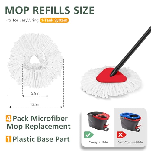 4 Pack Spin Mop Refill Replacement Head Compatible with EasyWring Spinning Mop, with 1 Swivel Mop Base, 100% Microfiber Deep Cleaning Machine Washable - White (1-Tank System)