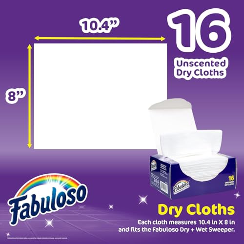 Fabuloso Dry Cloths Sweeping Pads, 16 Count, Disposable Dry Cloths for Use with Fabuloso Dry and Wet Sweeper, Traps and Locks Dirt, Dust, and Hair, 10.4 x 8 Inches Each - 2 Pack