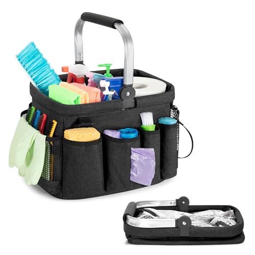 PGmoon Cleaning Caddy Organizer with Handle, Cleaning Tote Bag with Multiple Pockets for Cleaning Supplies, Products Storage, Housekeepers, Kitchen Cleaning Supplies, Black