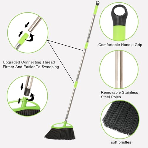Soft Bristles Green Angle Broom with Long Handle Indoor Sweeping Broom for Home Kitchen Hardwood Floor Cleaning