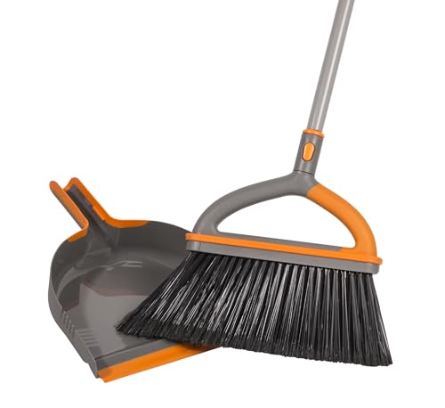 Casabella Ergo Broom & Dustpan Set Angled Broom with Replaceable Bristle Head & Hang Loop, 54-Inch, Gray