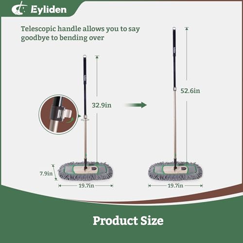 Eyliden Pro Dust Mop for Floor Cleaning | Dry Mop with 3 Reusable Microfiber Pads, Pet Hair Removal, Spill Absorption | One-Click Replacement, Telescopic Handle for Home and Commercial Use, Grey+Green