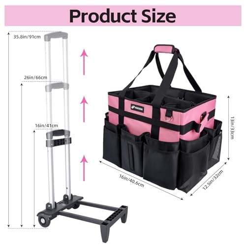 VSHXENG Large Rolling Cleaning Caddy Bag with Wheels, with Detachable Trolley, Cleaning Bags on Wheels for Housekeepers, Cleaning Cart Supplies Organizer for Home, Car, Picnic (Pink)