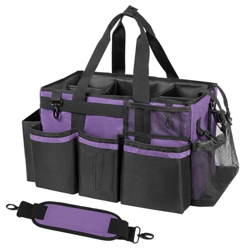 SCAVATA Wearable Cleaning Caddy, Cleaning Caddy Supplies Organizer with Handle & Shoulder Straps for Housekeepers, Under Sink & Car Cleaning Tool Organizers Bag with 4 Foldable Divider (Purple)
