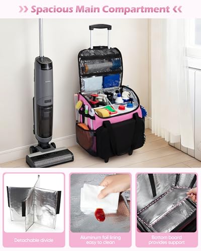 Marscamd Large Rolling Cleaning Caddy Bag with Detachable Trolley, Cleaning Supplies Organizer with Wheels for Housekeepers, Pink