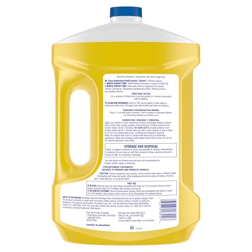 Mr. Clean Antibacterial All Purpose Cleaner, Floor Cleaner for Mopping Home, Bathroom, & Kitchen, Cleaning Liquid for Mop & Bucket, Cleaning Supplies, Multi-Surface Dilutable, Lemon, 99oz