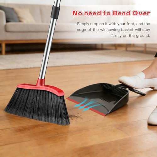 EZKEY Broom and Step-on Dustpan Set, 59-in Adjustable Long Handle Broom with Dustpan Combo Set Outdoor Angle Broom for Sweeping Indoor Dust Pet Hair for Cleaning Kitchen Garage Deck Patio, Black&Red