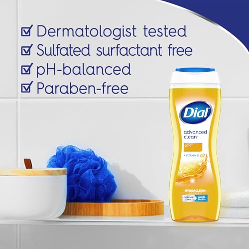 Dial Body Wash, Hydraclean Complex & Vitamin E, Gentle, Leaves Skin Feeling Nourished, Dermatologist-Tested, No Parabens & Sulfates, Advanced Clean, Gold, 16 Fl Oz, (Pack of 4)