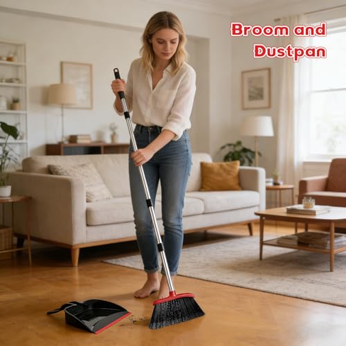 EZKEY Broom and Step-on Dustpan Set, 59-in Adjustable Long Handle Broom with Dustpan Combo Set Outdoor Angle Broom for Sweeping Indoor Dust Pet Hair for Cleaning Kitchen Garage Deck Patio, Black&Red