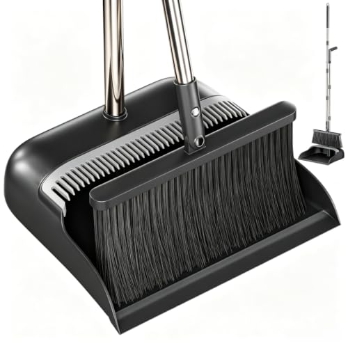 POPMOP Broom and Dustpan Set, 52" Long Handle Standing Broom with Dustpan Combo Set with Dust Pan Teeth to Clean Pet Hair, Easy Sweeping Suitable for Home Kitchen Office Lobby