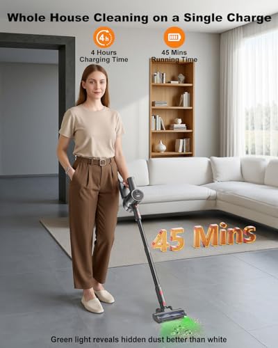 Prasky Cordless Vacuum Cleaner, Stick Vacuum Rechargeable, 550W 45KPA Powerful Suction Lightweight Vacuum Cleaners for Home, Anti-Tangle, Self Standing for Pet Hair Hardwood Floor Carpet - Black