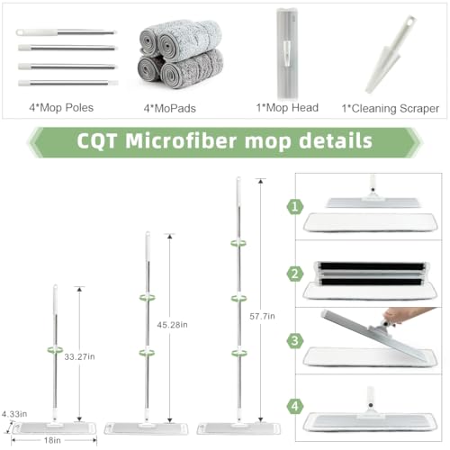 CQT Commercial Flat Microfiber Floor Mop Cleaning System 18" Inch Wet Dry and Dust Hardwood with 4 Washable Pads Cleaner for Laminate Tile Stainless Steel Handle and Extension (PT12-WET)