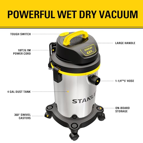 Stanley - SL18129 Wet/Dry Vacuum, 4 Gallon, 4 Horsepower, Stainless Steel Tank Silver+yellow