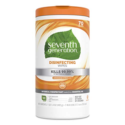 Seventh Generation Disinfecting Wipes, Lemongrass Citrus, 70 Count, 6 Pack, Botanical Multi-Surface Cleaner Kills 99.9% Germs, No Bleach, Plant-Based Formula for Home, Kitchen, Bathroom, Car Interior