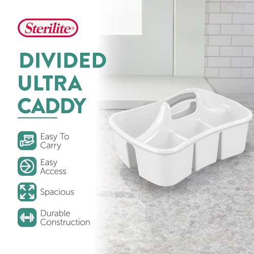 Sterilite 6 Pack Divided Ultra Caddy, Plastic Portable Storage to Hold Bathroom and Cleaning Supplies, White - 5 Large Compartment Organizer