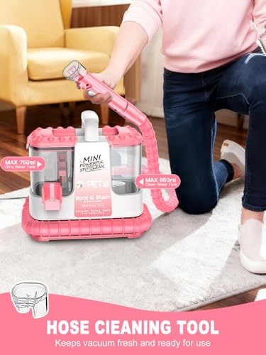 Portable Carpet & Upholstery Cleaner Machine for Pet Stains, Powerful Suction Spot Cleaner for Couch, Sofa, Car Interior & Rugs, Lightweight Compact Deep Cleaning Machine with Solution, Pink