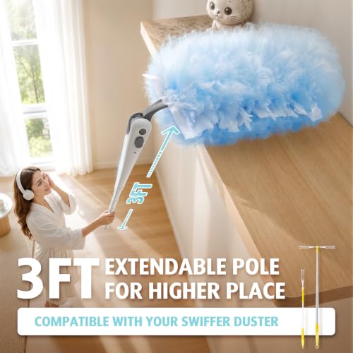 30 Count Heavy Duty Duster Refills with 3 ft Extendable Handle Starter Kit, Compatible with Swiffer Disposable Microfiber Feather Dusters for Cleaning Home