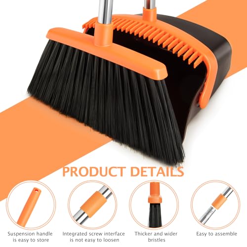 XXFLOWER Broom and Dustpan Set,Dustpans with Broom Combo for Home,Heavy Dust Broom and Dustpan Combo,Long Handle Dust Pan and Broom Set for Kitchen Office,Pet Hair(Brown Orange)