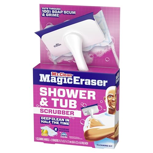 Mr. Clean Magic Eraser Shower & Tub Scrubber, Bathroom Cleaner, All in One Bathroom Cleaner, Lemon Starter Kit, 2 Scrubber, 5 Foaming Magic Erasers, 1 Whole Home Extra Durable Magic Eraser