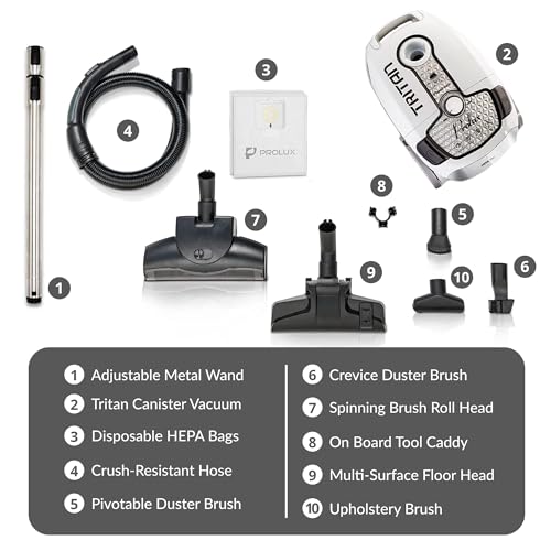 Prolux Tritan Bagged Canister Vacuum Cleaner with Sealed HEPA Filtration, 5-Speed Motor, Best Rated Canister for Pet Hair and Home Cleaning