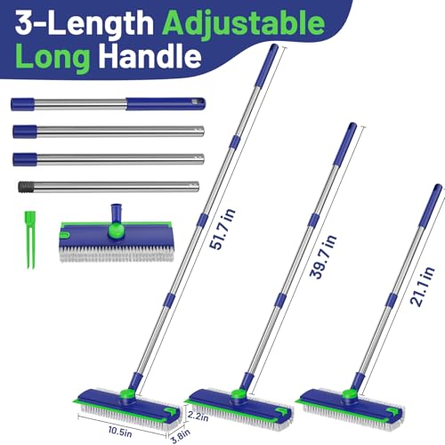 EHADOO Floor Scrub Brush with Long Handle: 3 in 1 Heavy-Duty Floor Scrubber Brush with Squeegee for Cleaning Tile Bathroom Deck Kitchen Patio - Blue