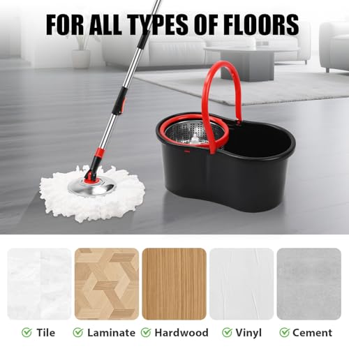 Spin Mop and Bucket with Wringer Set,360° Mop and Bucket System with 3 Microfiber Mop Refills and 50" Extended Handle for Floor Cleaning (Black)