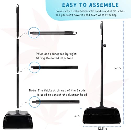 Dustpan with Long Handle, 37’’ Upright Dust Pan, Heavy Duty Standing up Dustpans for Indoor, Outdoor, Home, Office, Commercial, Industrial, Shop
