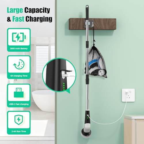 YKYI Electric Spin Scrubber, Cordless Power Scrubber Cleaning Tool with 8 Replaceable Heads and Extension Handle for Bathroom, Tub, Tile, Floor, Grout and Car (White)