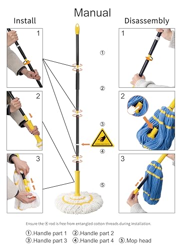 Self-Wringing Twist Mops for Floor Cleaning, Microfiber Floor mop with 57 " Long Handle, Easy Wringing Mop for Hardwood Commercial Household Clean
