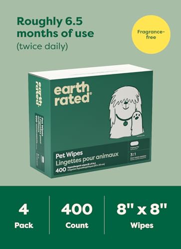 Earth Rated Pet Wipes for Dogs and Cats, Hypoallergenic, Cleaning and Hydrating, for Grooming Paws, Body and Butt, Unscented, 400 Count