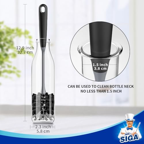 MR.SIGA Long Handle Bottle Brush, Flexible Scrub Brush for Water Bottles, Glasswares, Mugs, Black, 2 Pack